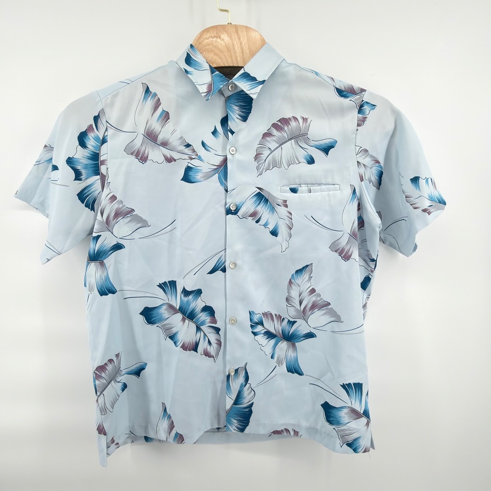 Tori Richard Vintage Hawaiian Shirt Mens L Blue Palm Leaf Silk Like Aloha USA